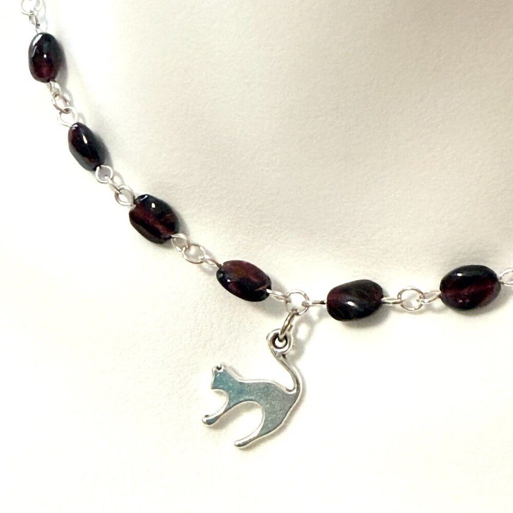 Genuine Garnet Short Necklace, Natural Gemstone w/ Slim Cat Pendant